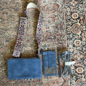 Blue Crossbody Bag with Floral Strap, NWOT